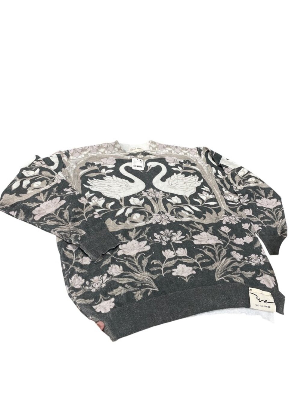 Free People wms gray beige floral geese blended crew neck sweater sz M SKU 10743